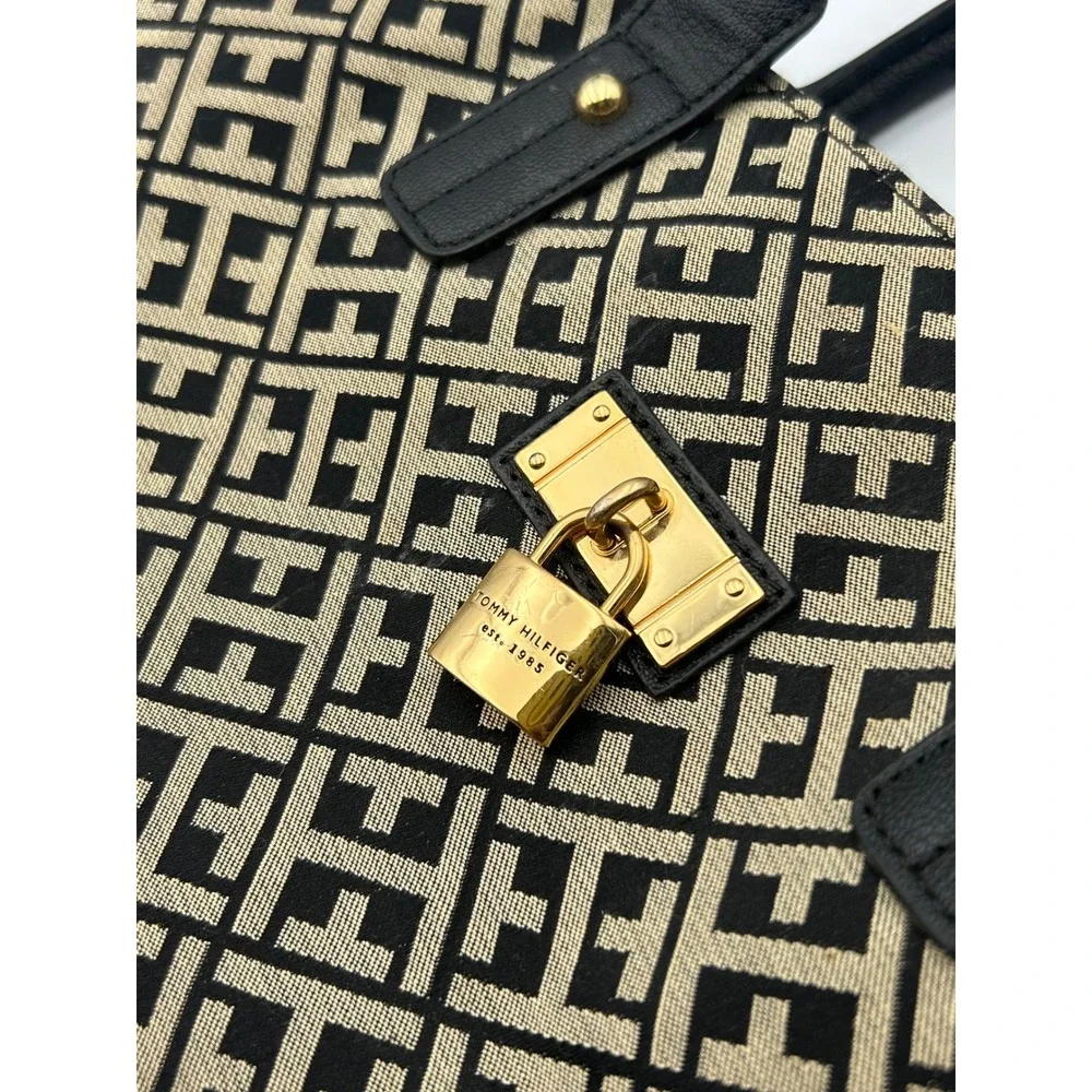 Tommy Hilfiger Monogram Satchel Bag Black Tan Jacquard Crossbody Gold Lock